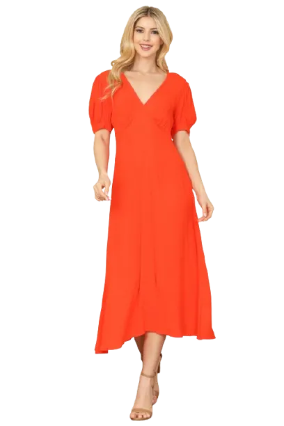 Orange Solid Puff Short Sleeve V Neck Midi Dress - Pack of 5