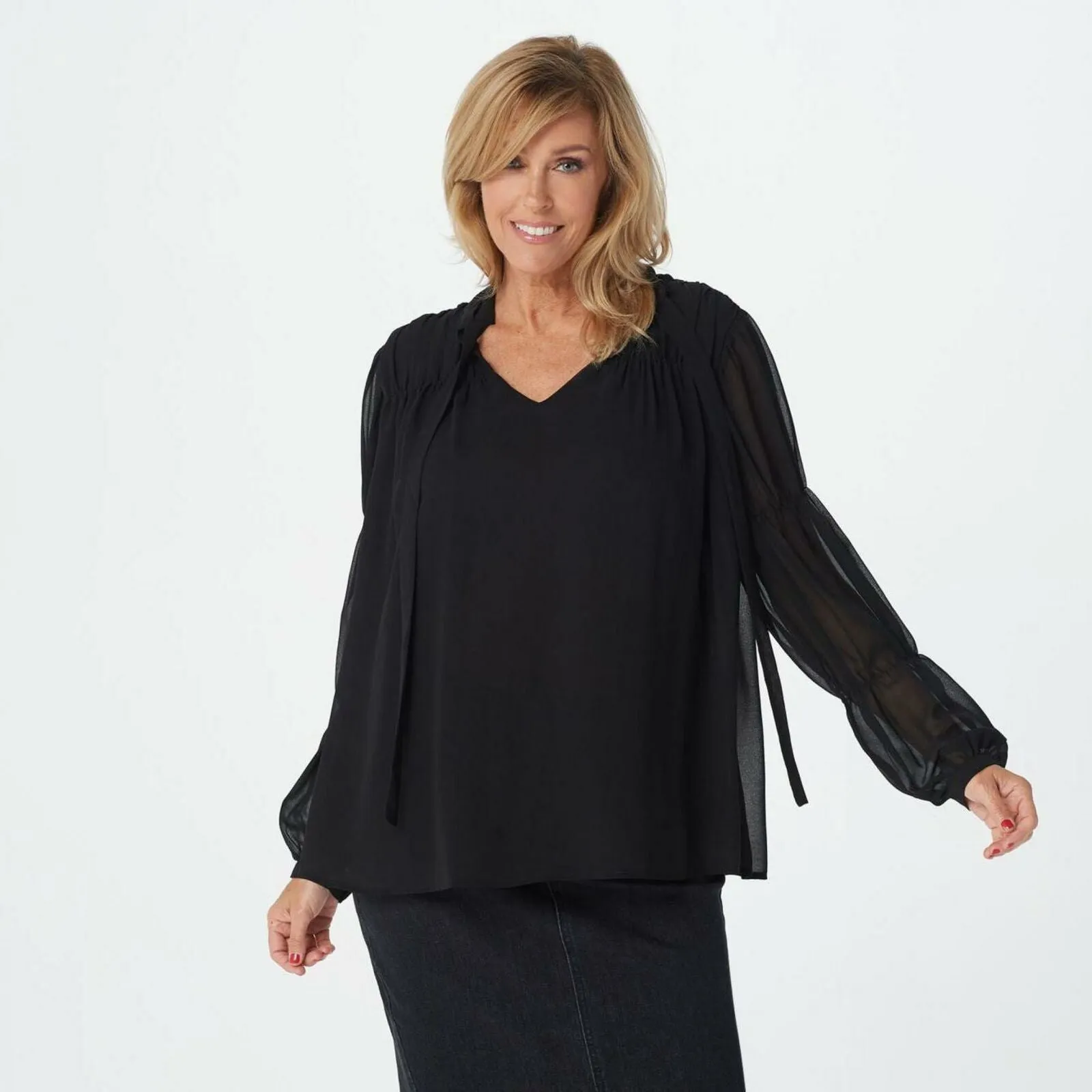 Peace Love World Women's Plus Size Tie Neck Woven Blouse Black 18W