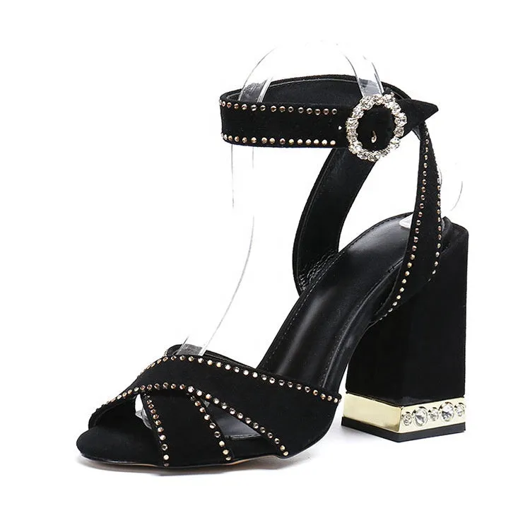 Pearl Black gladiator sandals for women and ladies Genuine Leather Ankle Strap Block Heel sandalias Big Size 35-43