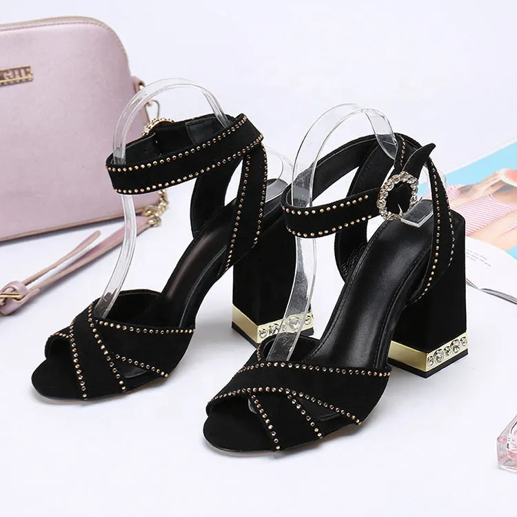 Pearl Black gladiator sandals for women and ladies Genuine Leather Ankle Strap Block Heel sandalias Big Size 35-43