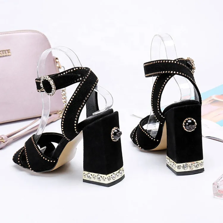 Pearl Black gladiator sandals for women and ladies Genuine Leather Ankle Strap Block Heel sandalias Big Size 35-43