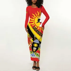 Personalised Afro Uganda Long Sleeve Bodycon Dress Black Crowned Crane With Coat Of Arms LT15