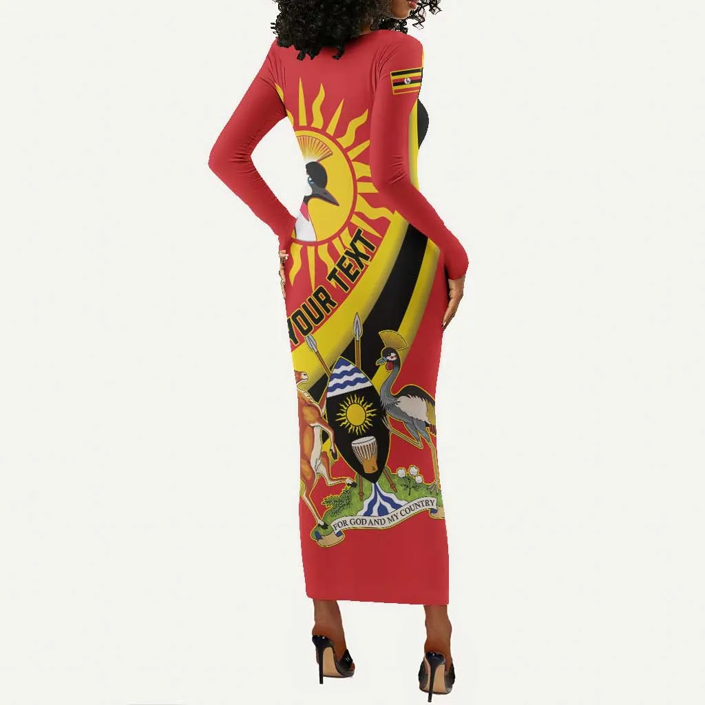 Personalised Afro Uganda Long Sleeve Bodycon Dress Black Crowned Crane With Coat Of Arms LT15