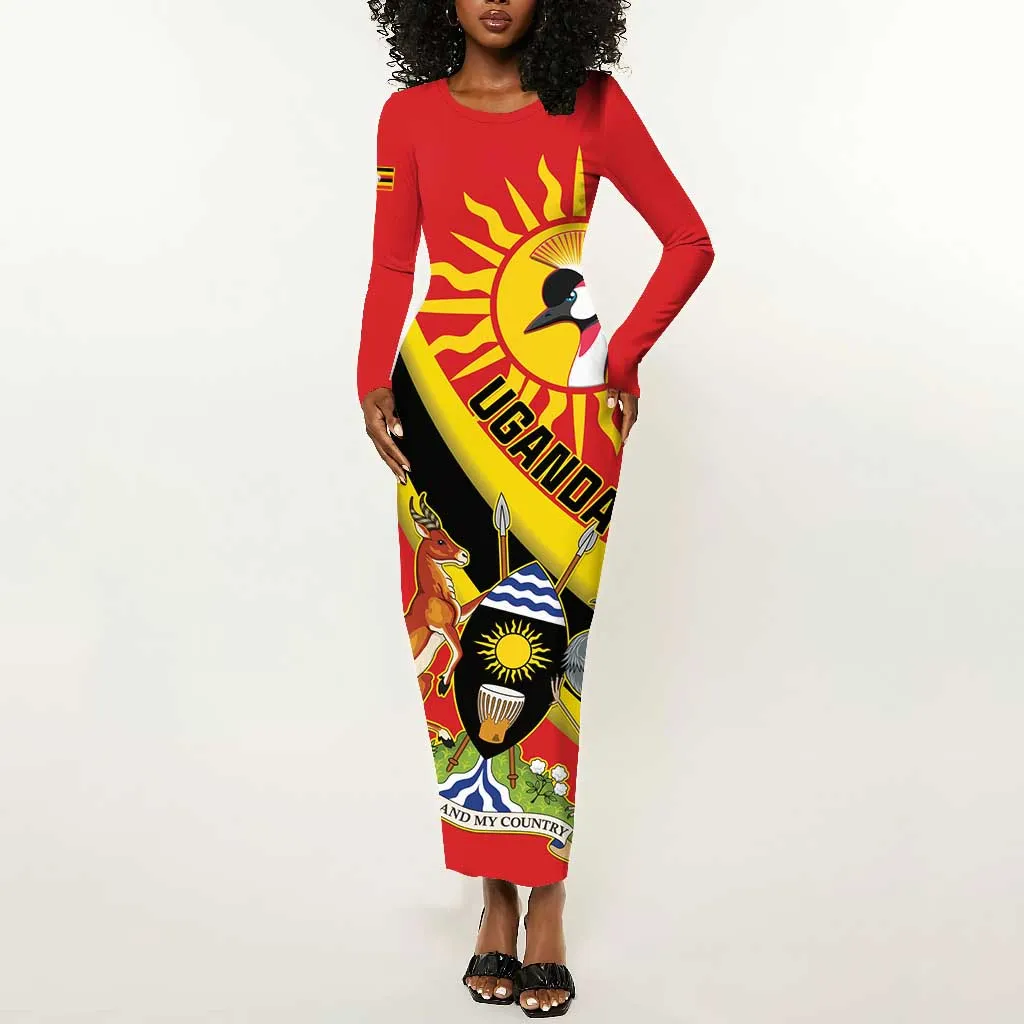 Personalised Afro Uganda Long Sleeve Bodycon Dress Black Crowned Crane With Coat Of Arms LT15