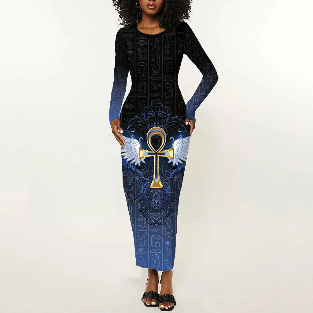 Personalised Egyptian Ankh Long Sleeve Bodycon Dress Egypt Hieroglyphs Pattern LT15