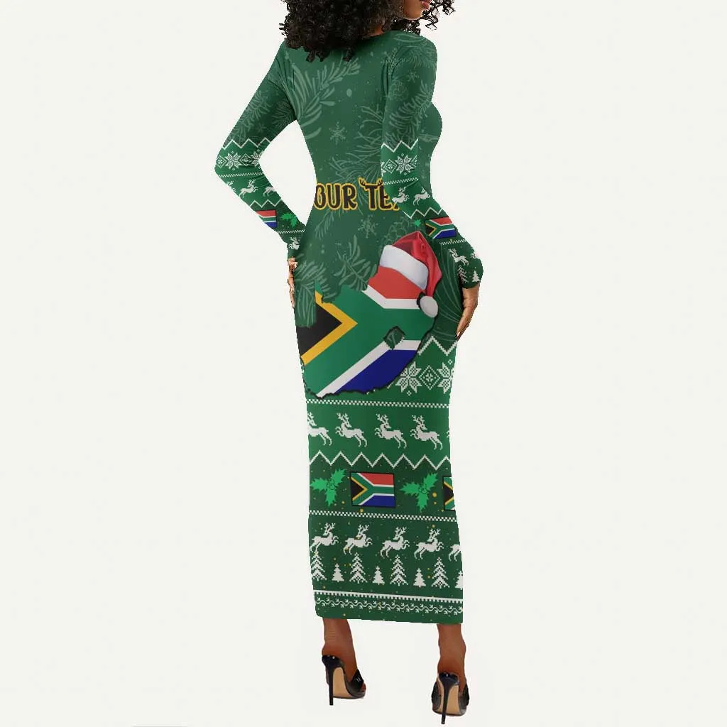 Personalised South Africa Christmas Long Sleeve Bodycon Dress Cool Santa Claus With South African Map LT14
