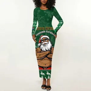 Personalised South Africa Christmas Long Sleeve Bodycon Dress Cool Santa Claus With South African Map LT14