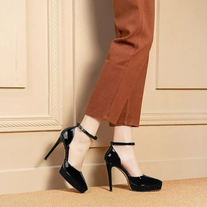 Petite Size Ankle Strap Platform Patent Heels TS37