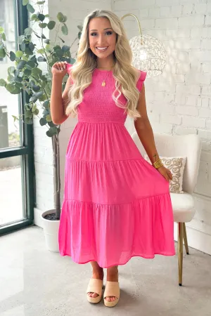 Pink Smocked Tiered Midi Dress