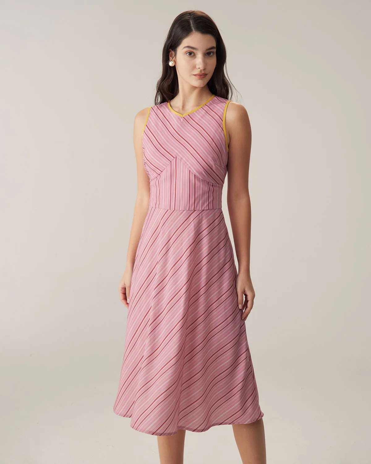 Pink Striped V Neck Sleeveless Midi Dresses