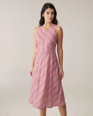 Pink Striped V Neck Sleeveless Midi Dresses