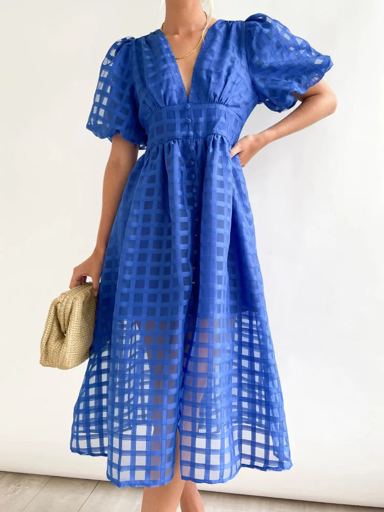 Plaid V-neck A-line Dress