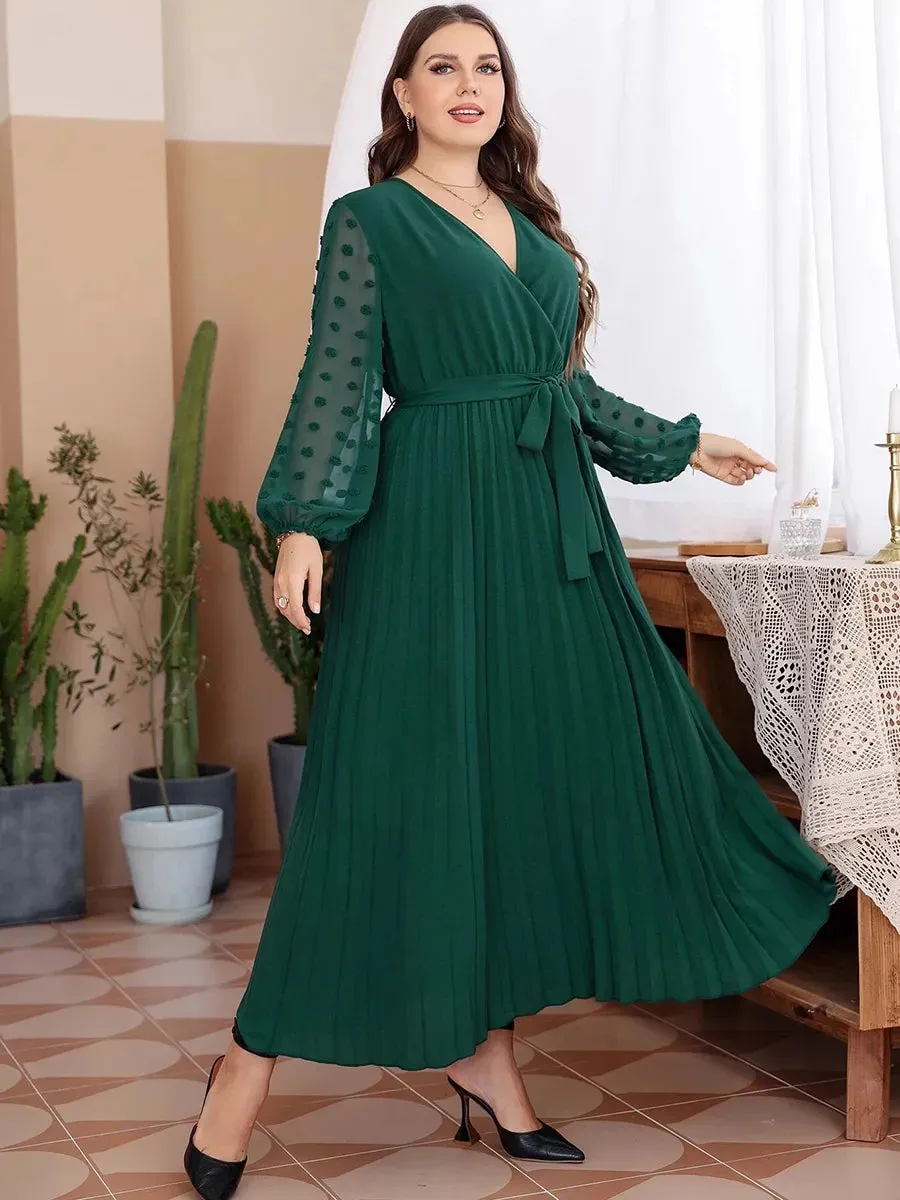 Plus Size Party Dress Women V-Neck Lace Mesh See Through Long Sleeve Chiffon Pleated Dress High Waist Maxi Long Dresses