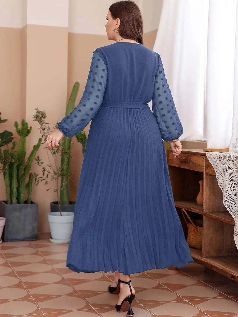 Plus Size Party Dress Women V-Neck Lace Mesh See Through Long Sleeve Chiffon Pleated Dress High Waist Maxi Long Dresses