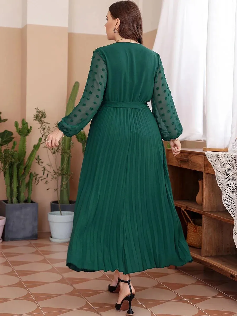Plus Size Party Dress Women V-Neck Lace Mesh See Through Long Sleeve Chiffon Pleated Dress High Waist Maxi Long Dresses