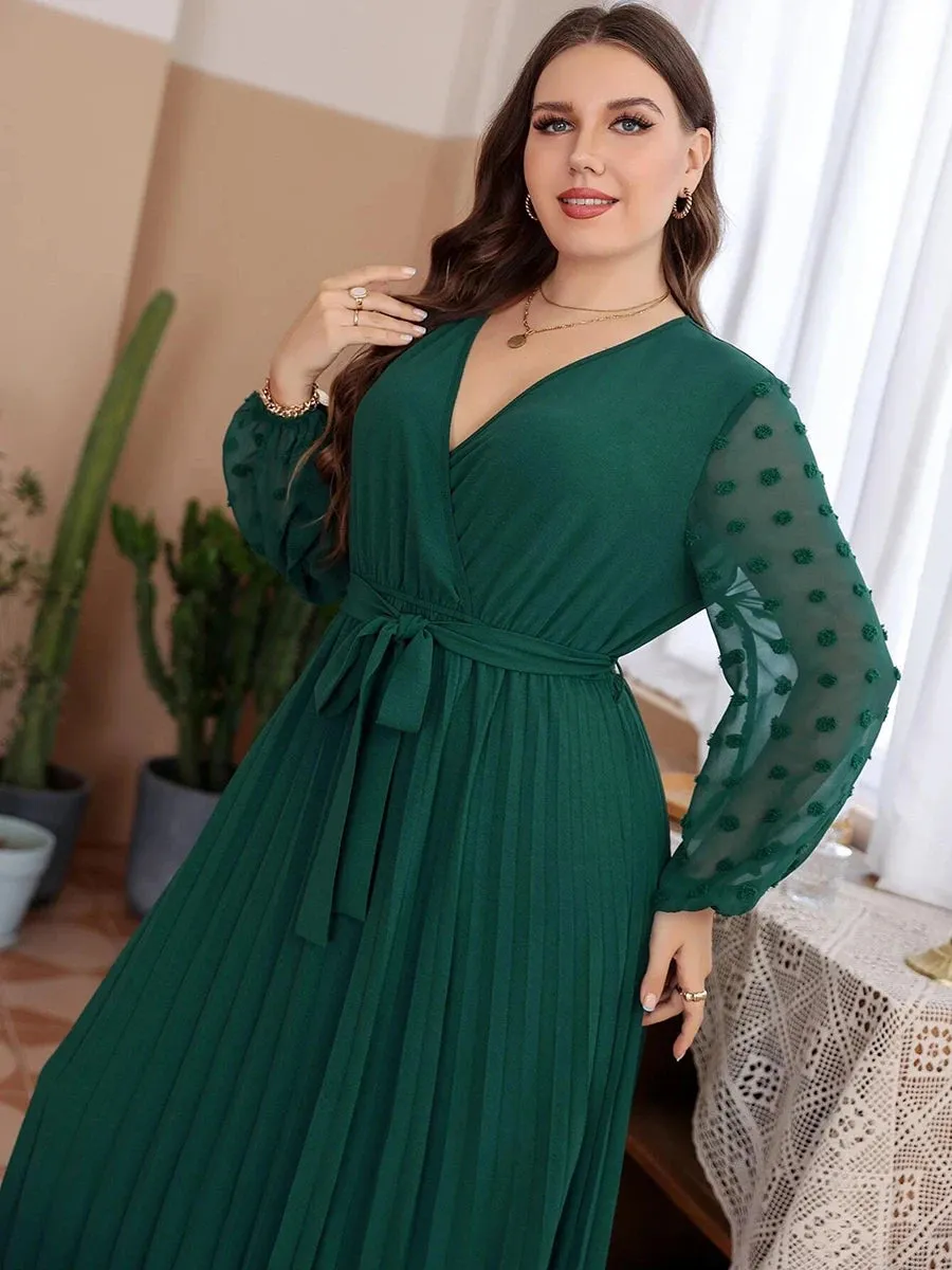 Plus Size Party Dress Women V-Neck Lace Mesh See Through Long Sleeve Chiffon Pleated Dress High Waist Maxi Long Dresses