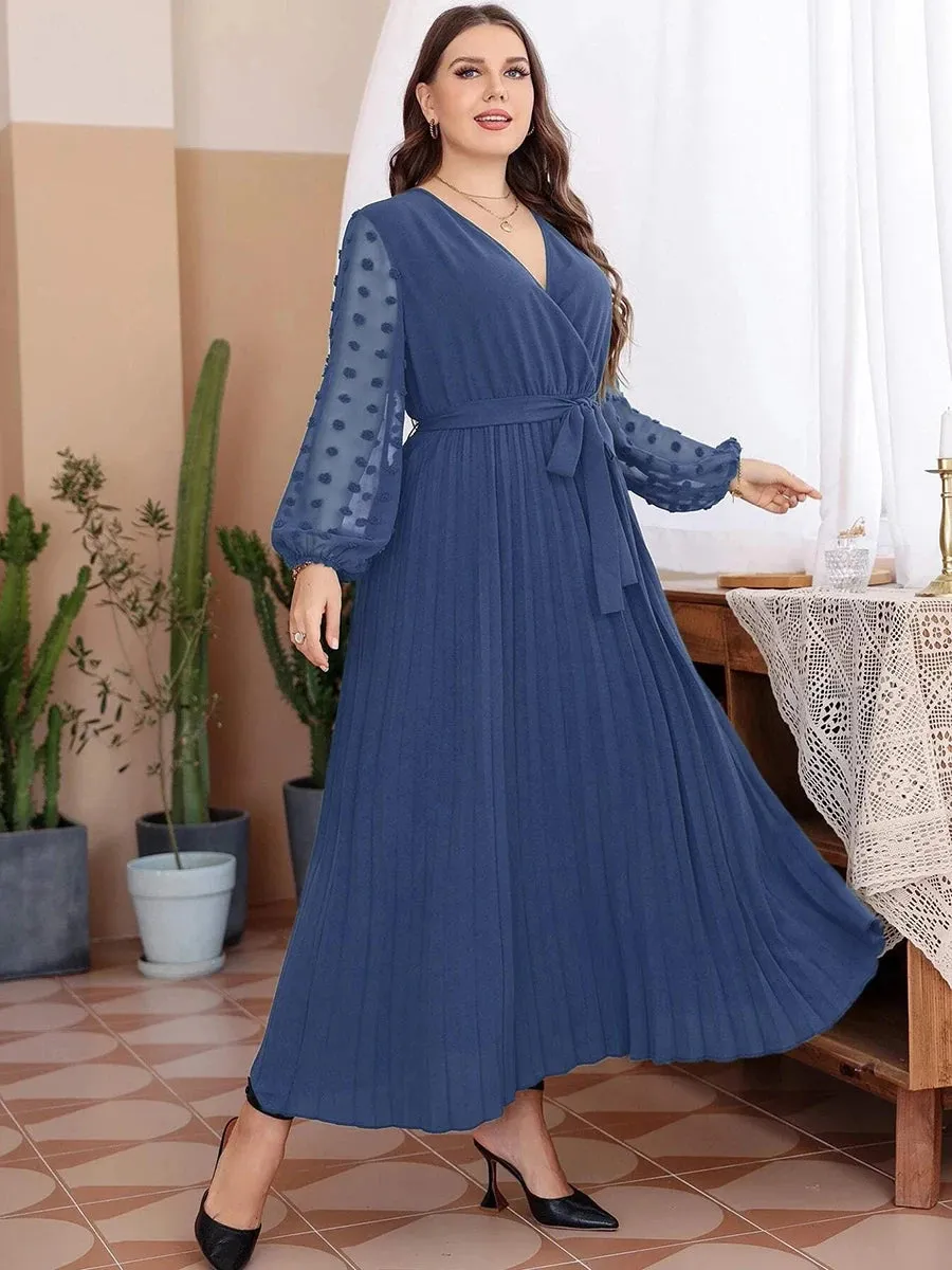 Plus Size Party Dress Women V-Neck Lace Mesh See Through Long Sleeve Chiffon Pleated Dress High Waist Maxi Long Dresses