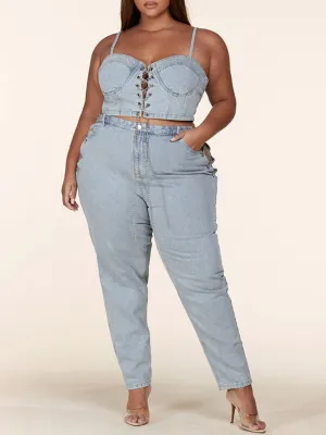 PLUS SIZE SLEEVELESS 2PC. TOP & PANTS CHAIN DENIM SET