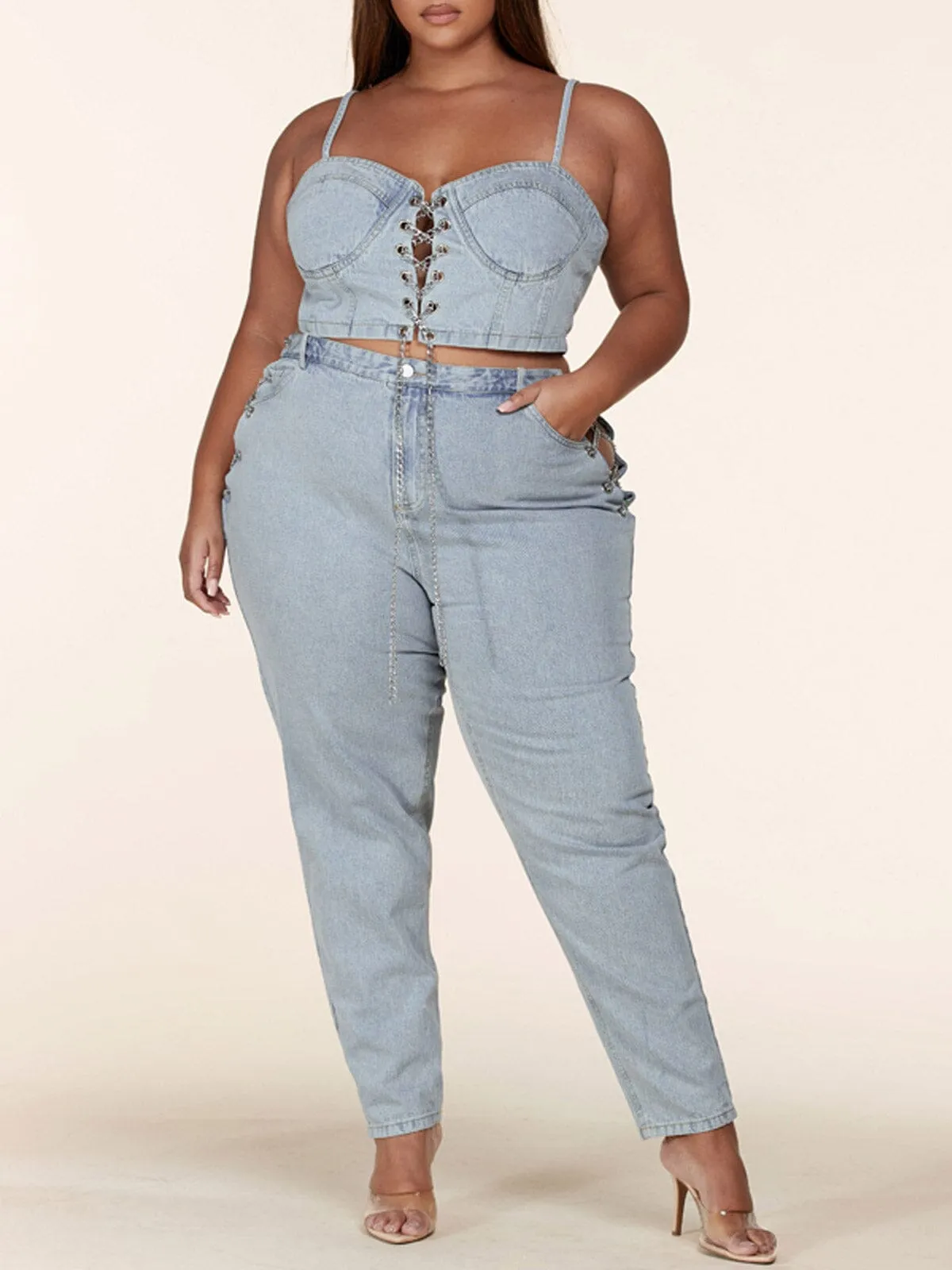 PLUS SIZE SLEEVELESS 2PC. TOP & PANTS CHAIN DENIM SET