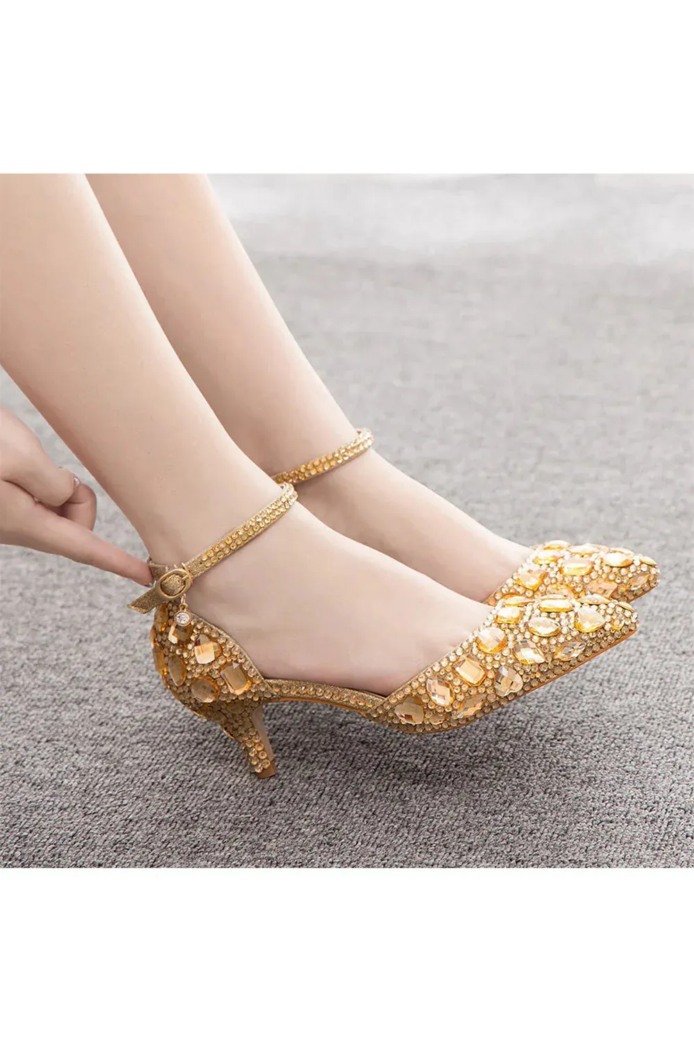 Pointed Toe Crystal Diamond  Ankle Strap Kitten Heels