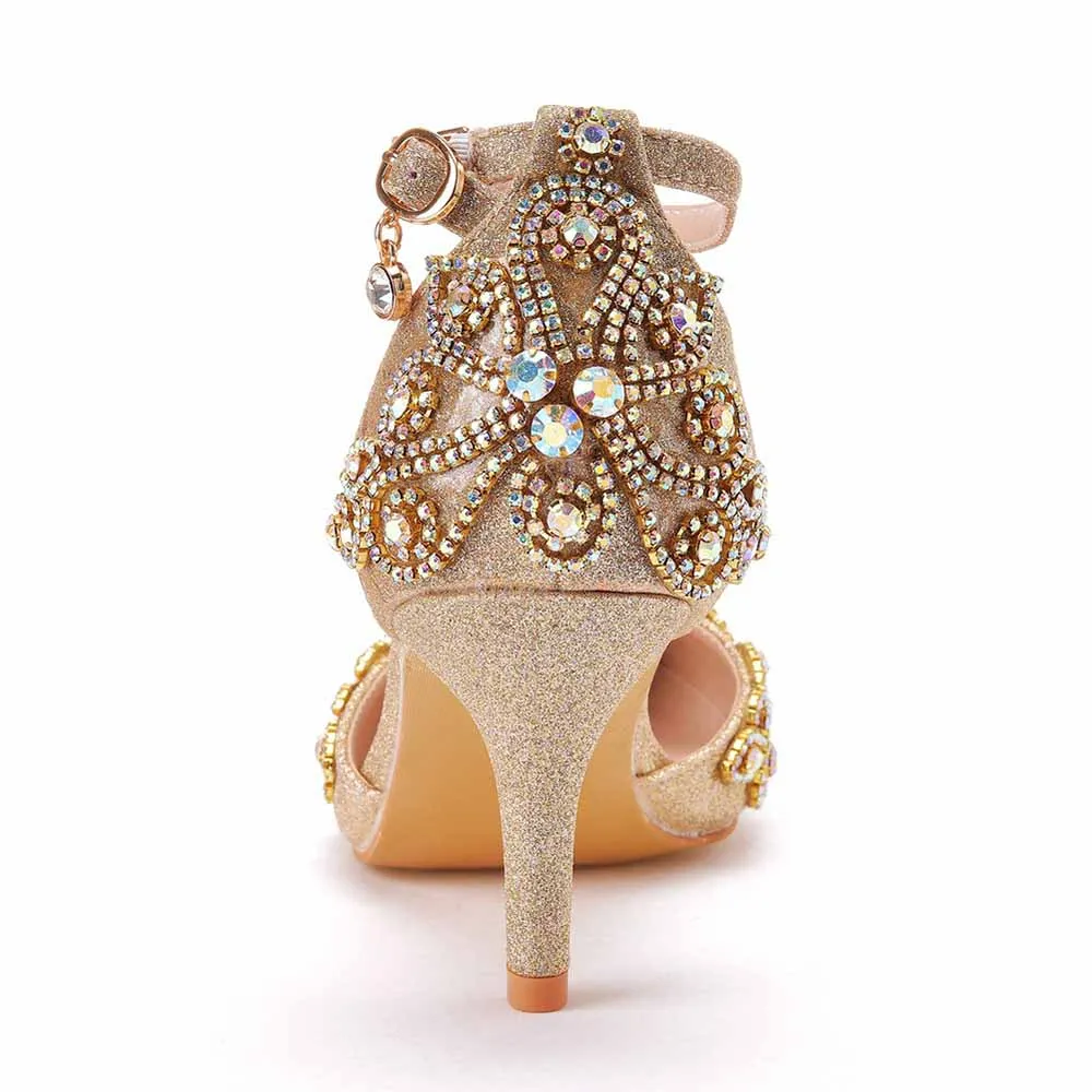 Pointed Toe Gold Rhinestone Glitter Low Heels Wedding Shoes