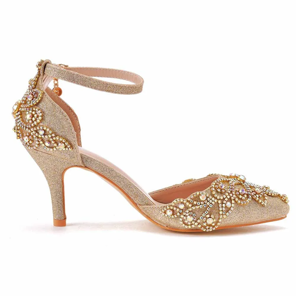 Pointed Toe Gold Rhinestone Glitter Low Heels Wedding Shoes