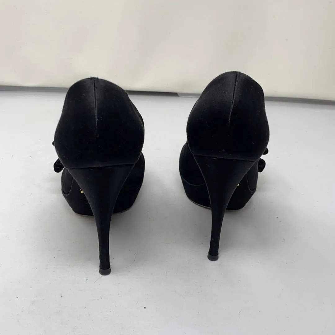 Prada Black Satin Platform Peep Toe Heel