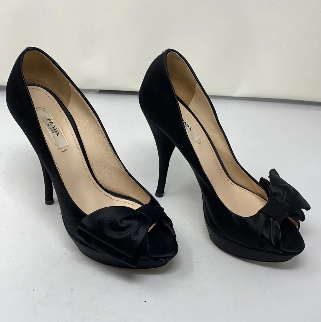 Prada Black Satin Platform Peep Toe Heel