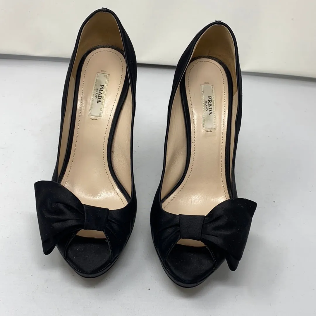 Prada Black Satin Platform Peep Toe Heel