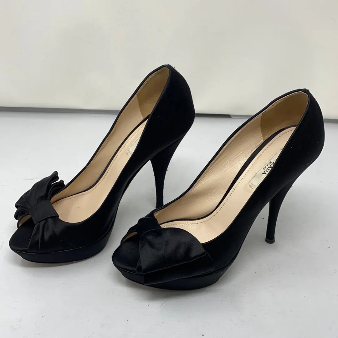 Prada Black Satin Platform Peep Toe Heel