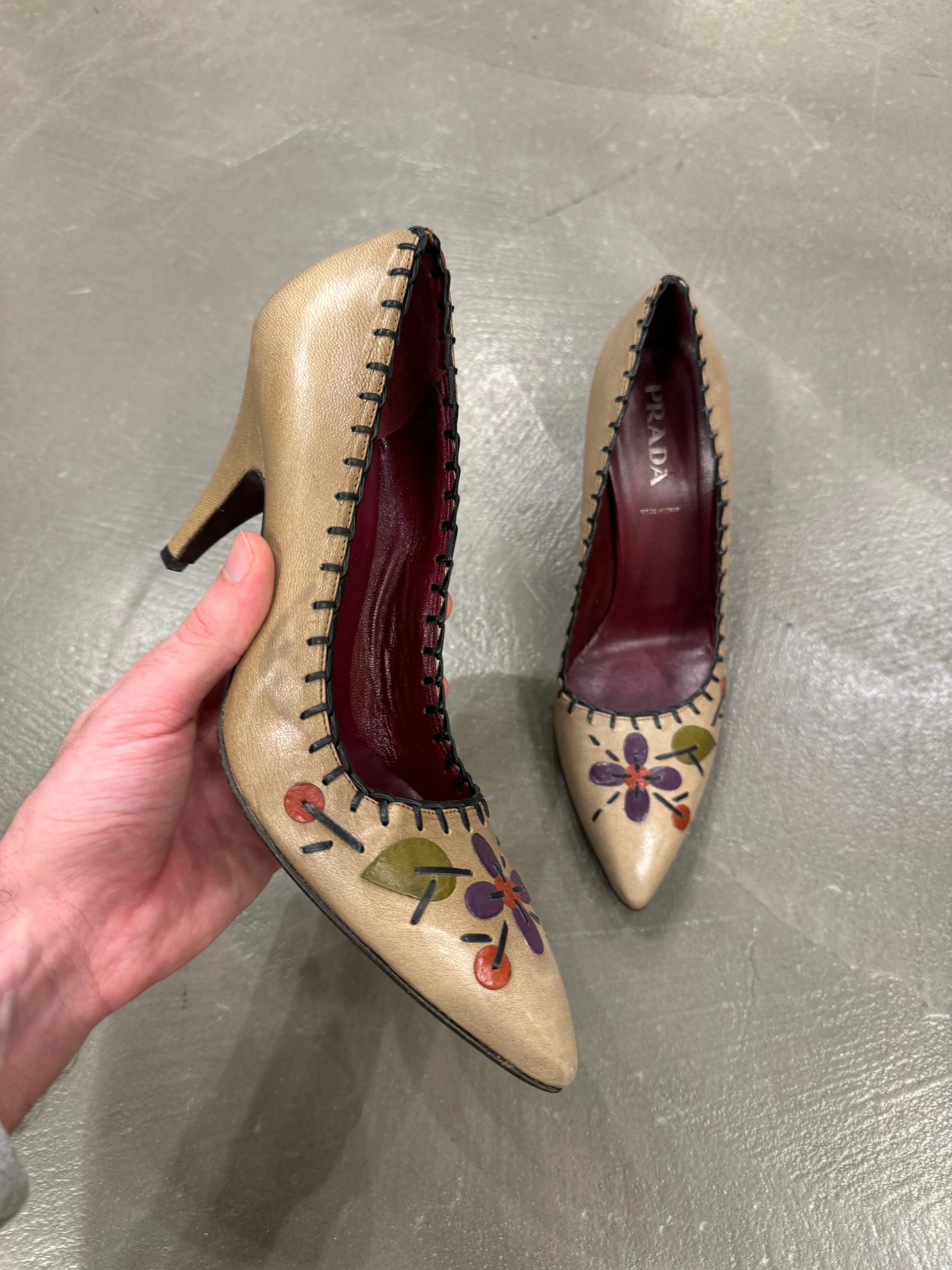 Prada floral appliqués leather heels