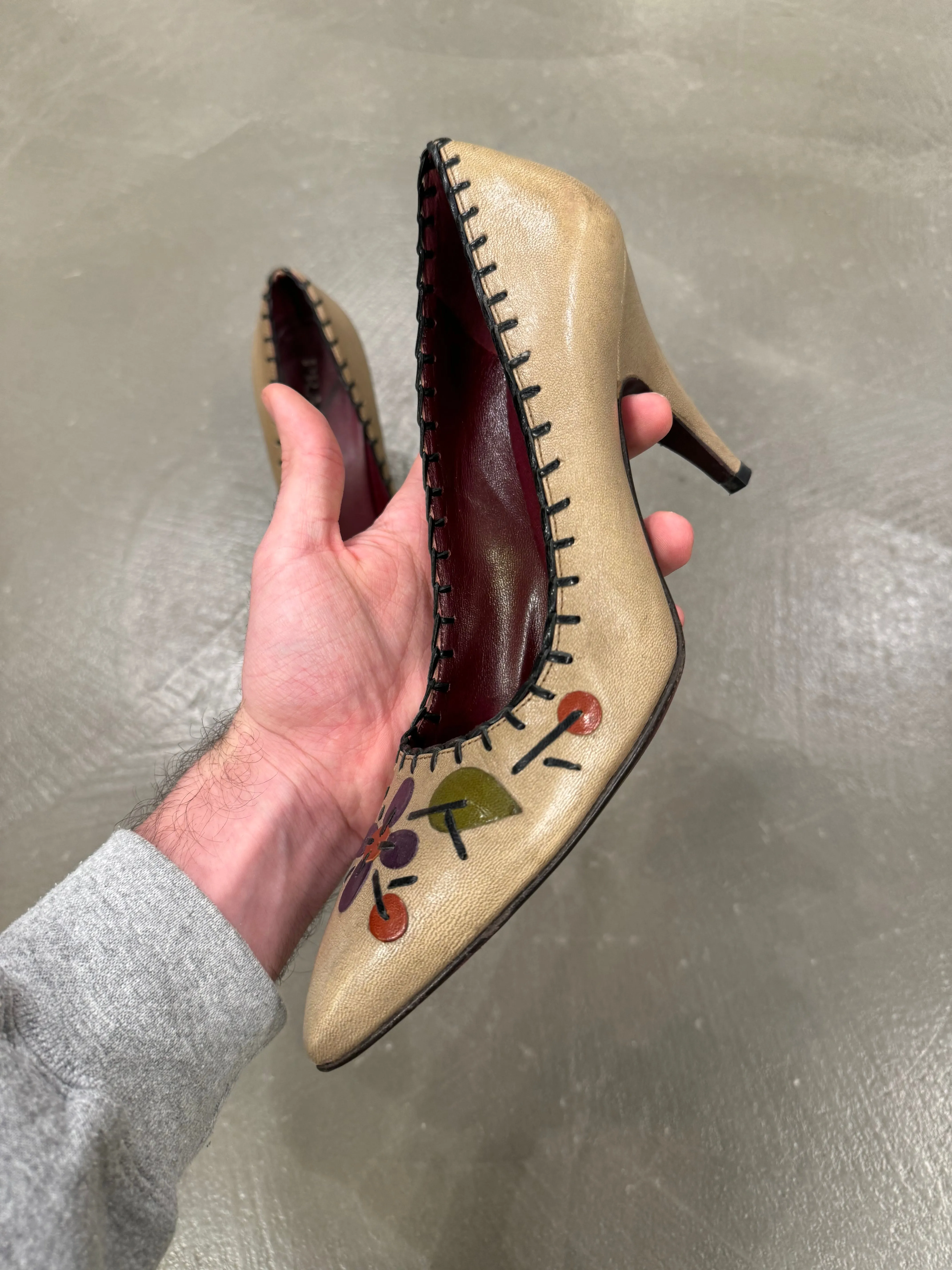 Prada floral appliqués leather heels