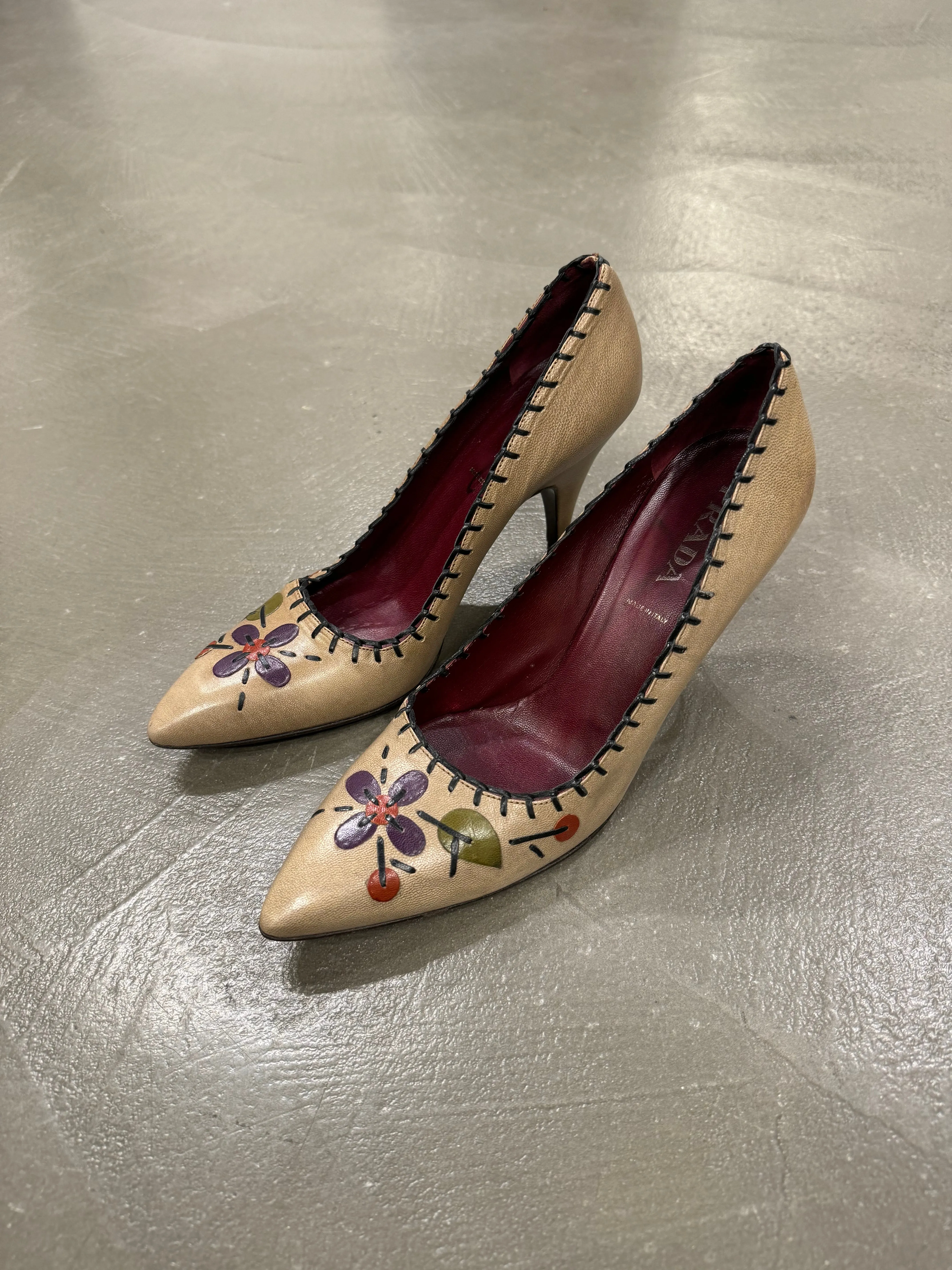 Prada floral appliqués leather heels