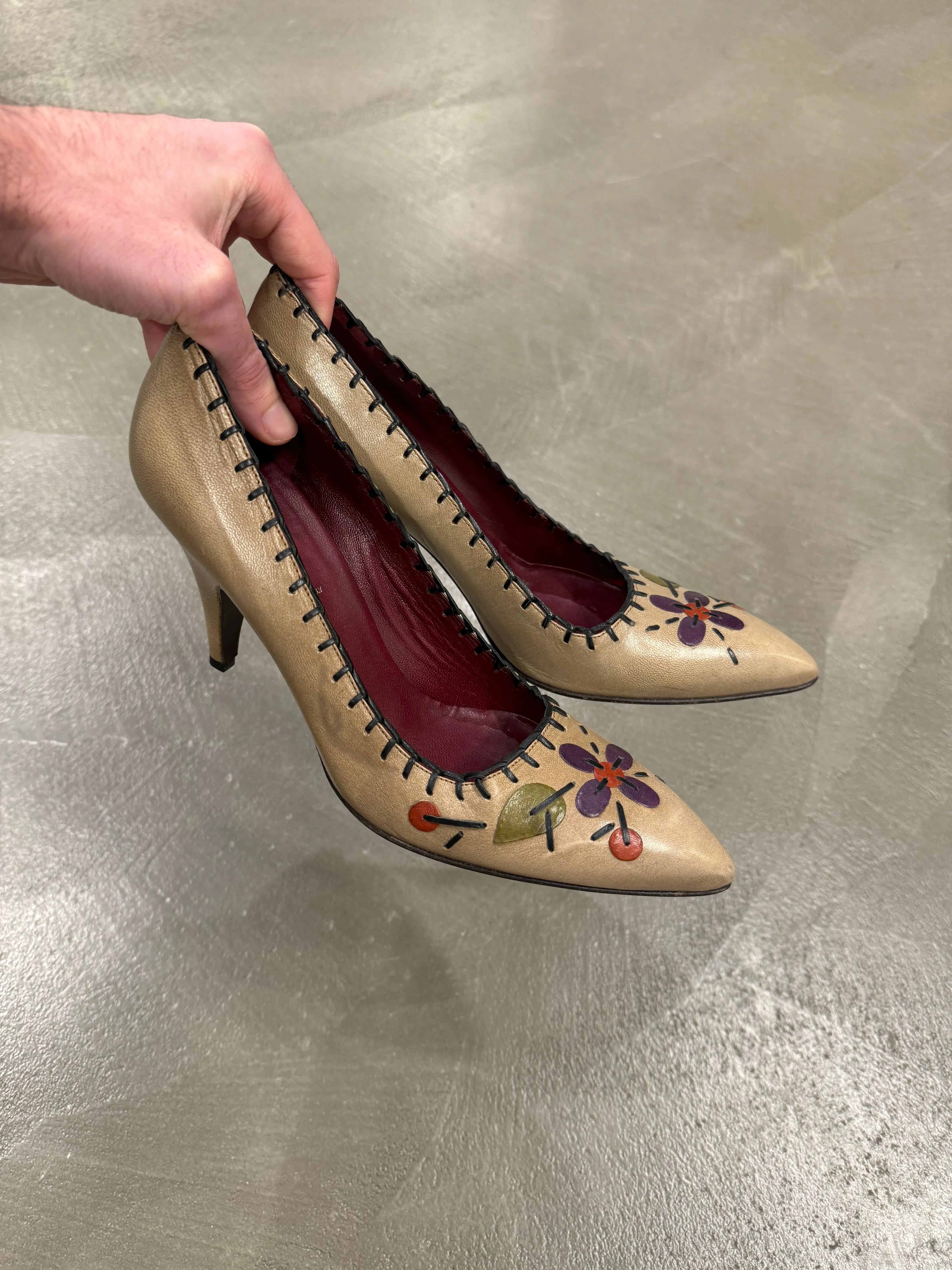 Prada floral appliqués leather heels
