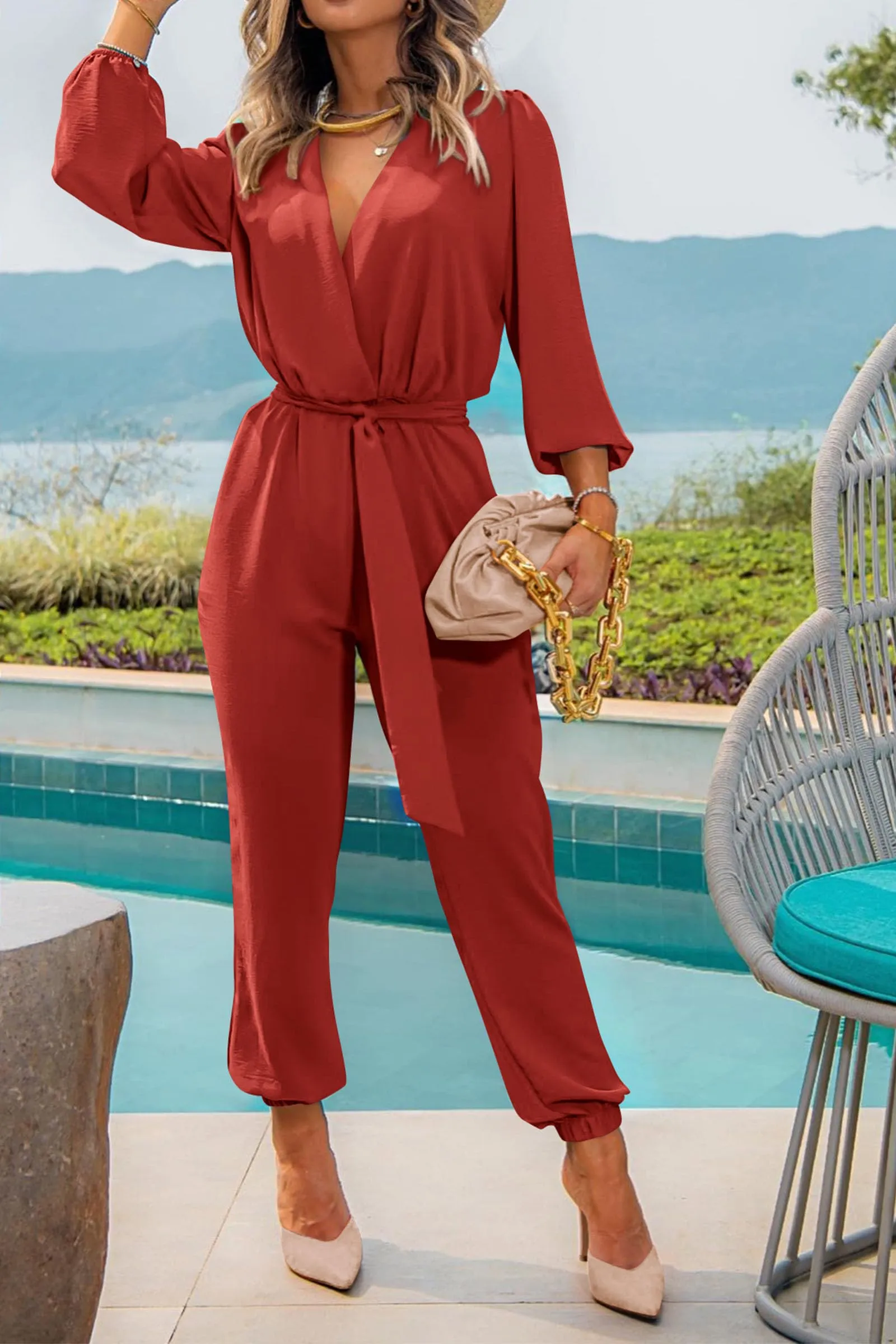 PRETTYGARDEN Jumpsuits For Women Dressy Long Sleeve One Piece Long Pants Rompers With Belt Pockets V Neck Casual Fall Outfits (Rust Red,Medium)