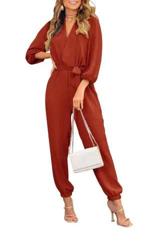 PRETTYGARDEN Jumpsuits For Women Dressy Long Sleeve One Piece Long Pants Rompers With Belt Pockets V Neck Casual Fall Outfits (Rust Red,Medium)