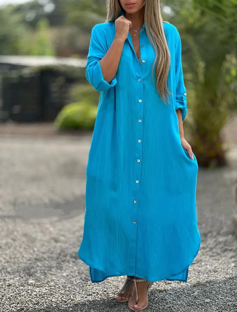 Prisma - Casual shirt dress for women, solid color, button front closure