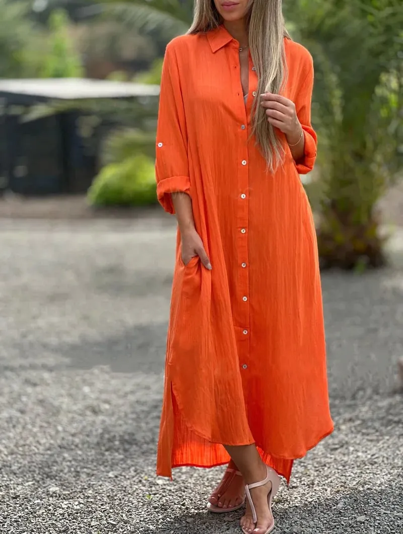 Prisma - Casual shirt dress for women, solid color, button front closure
