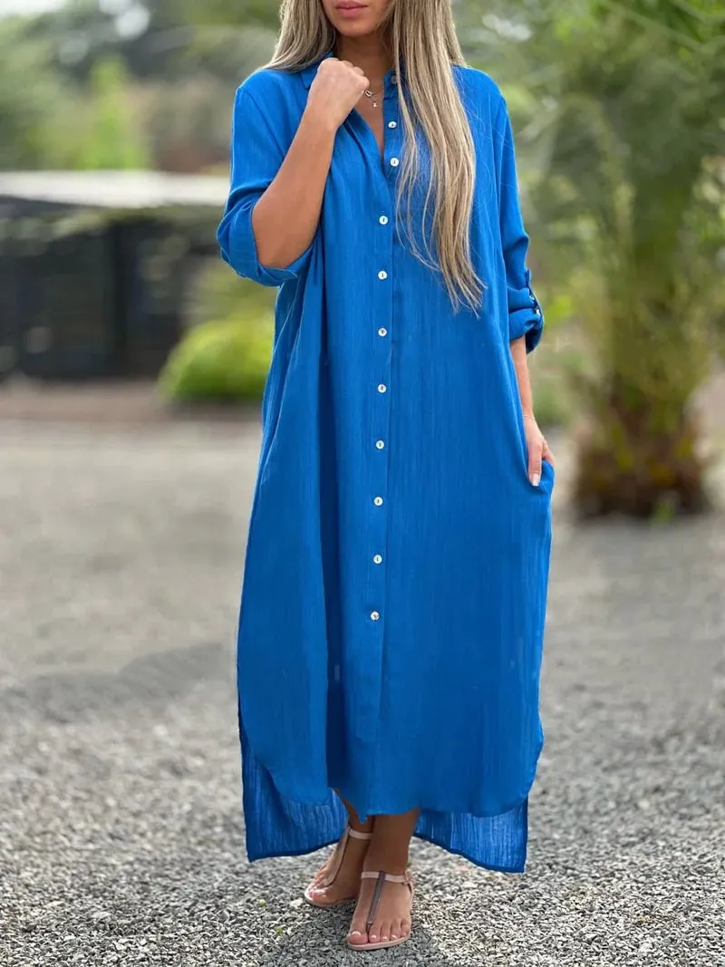 Prisma - Casual shirt dress for women, solid color, button front closure