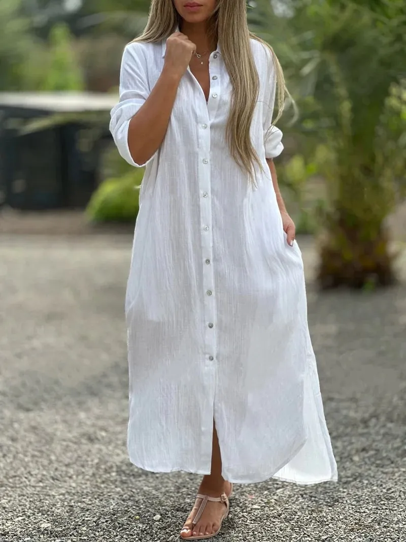 Prisma - Casual shirt dress for women, solid color, button front closure