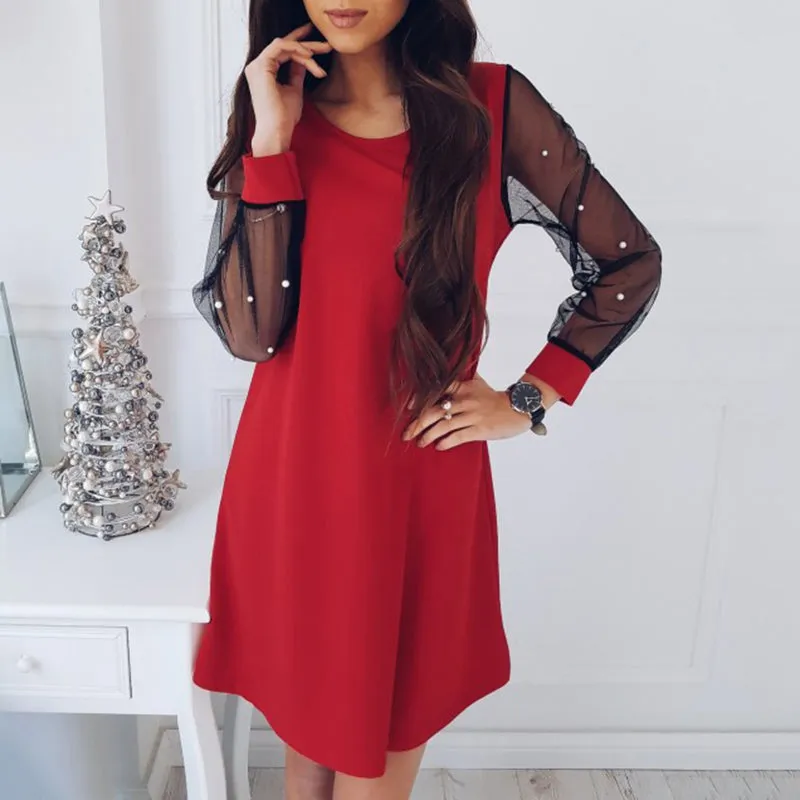 Puff Sleeve Mesh Beaded Slim Dress