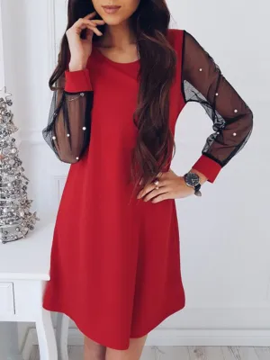 Puff Sleeve Mesh Beaded Slim Dress