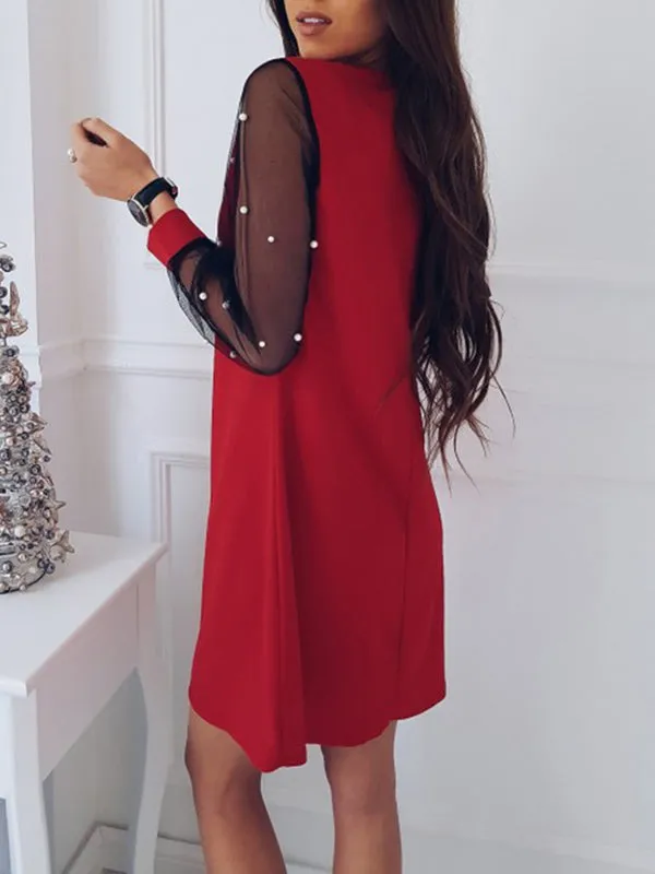 Puff Sleeve Mesh Beaded Slim Dress