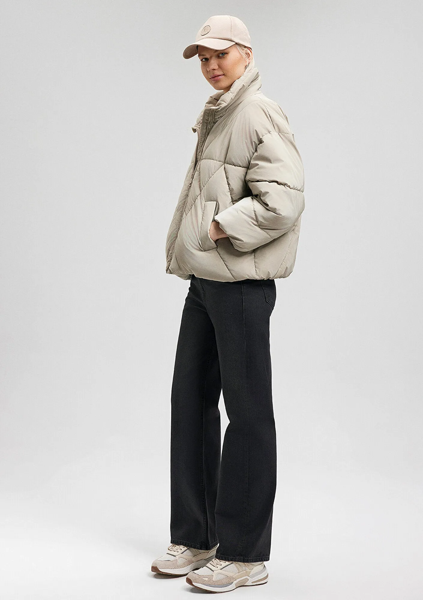 Quilted High Neck Beige Jacket