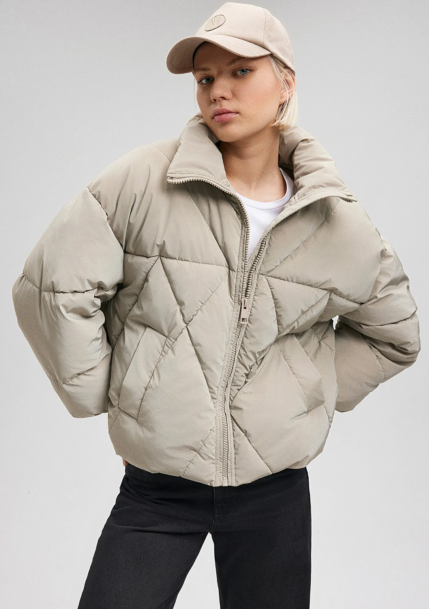 Quilted High Neck Beige Jacket