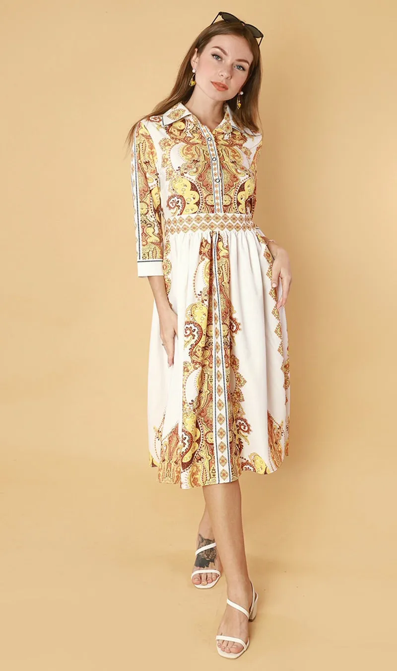 QUINCE Long-Sleeve Collared Dress(Yellow)