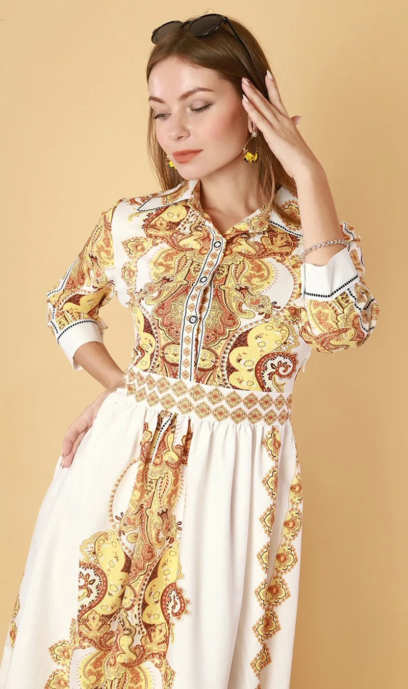 QUINCE Long-Sleeve Collared Dress(Yellow)