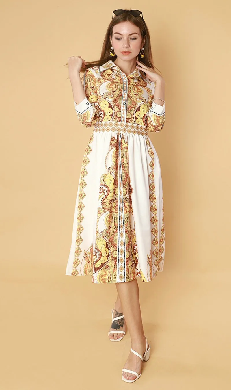 QUINCE Long-Sleeve Collared Dress(Yellow)