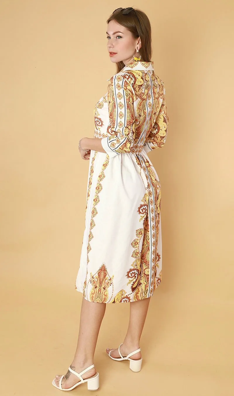 QUINCE Long-Sleeve Collared Dress(Yellow)