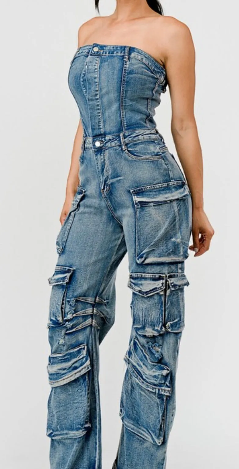 "Ali"Cargo Denim Jumpsuit